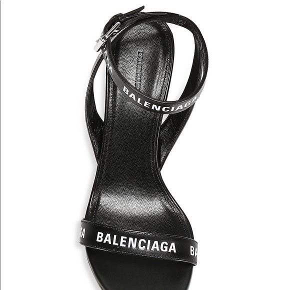 BALENCIAGA LOGO PRINT LEATHER BLOCK HEEL SANDAL - Picture 2 of 7